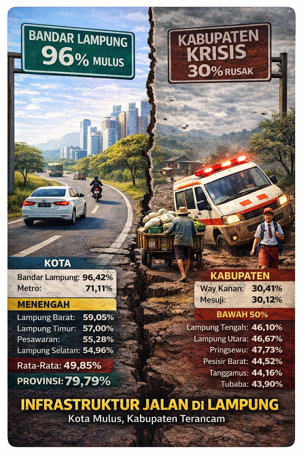 Lampung Dua Wajah: Infrastruktur Jalan Kota Melaju 96%, Tiga Kabupaten Terperosok Di Zona Kritis.